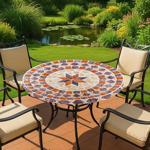 Maximex Spann-Tischdecke rund Ø 70-86 cm mediterranes Motiv abwischbare Gartentischdecke mit Gummizug wetterfest UV-beständig für Garten Balkon und Camping Kunststoff