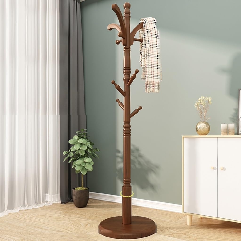 Free Standing Wooden Coat Rack with 10 Height Adjustable Hooks for Hallway/Entryway, Easy Assembly, Perfect for Clothing, Suits and Accessories, Walnut Finish