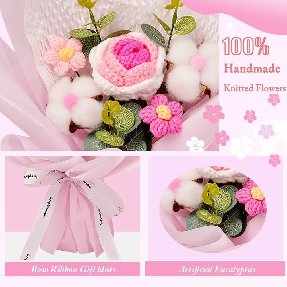 Crochet Rose Flower Bouquet: Handmade Rose Artificial Flowers for Festival Wedding Graduation Anniversary Birthday Home Decor (Pink) thumbnail