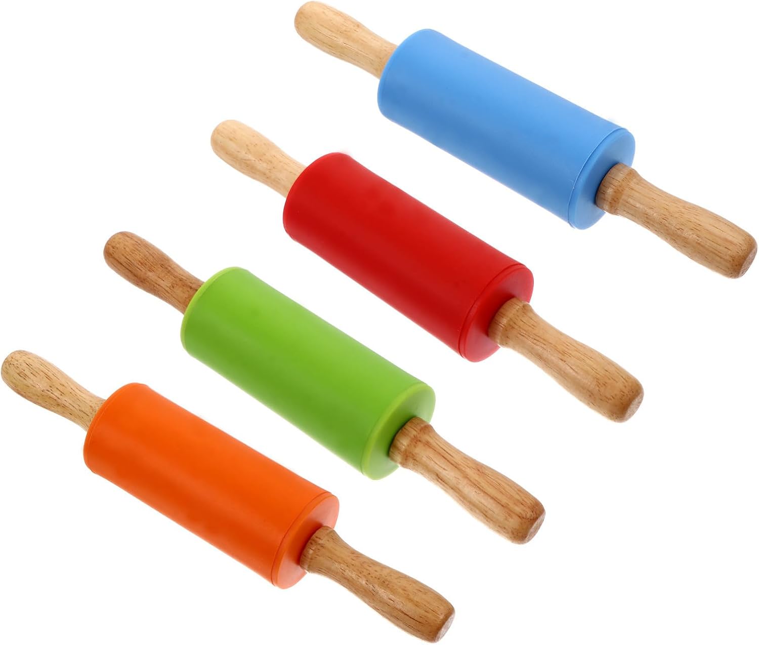 UPKOCH 4pcs Silicone Rolling Pin Set with Colored Oak Handles, Mini Non-stick Bakery Dough Rollers for Kitchen Baking, Cookie and Pastry Rolling Pins
