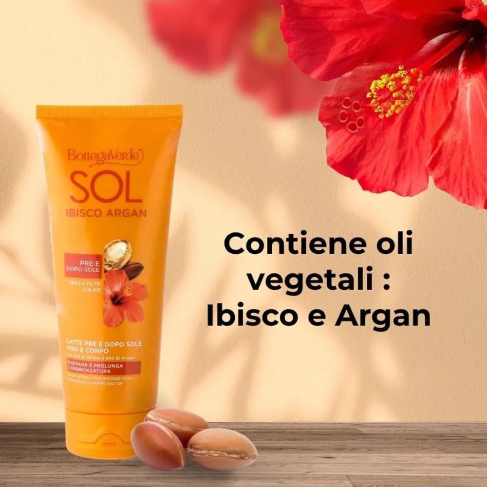 Bottega Verde - SOL Ibisco Argan, Latte Presole e Doposole Viso e Corpo, 200ml, Idrata e Prolunga l'Abbronzatura, Senza Filtri Solari