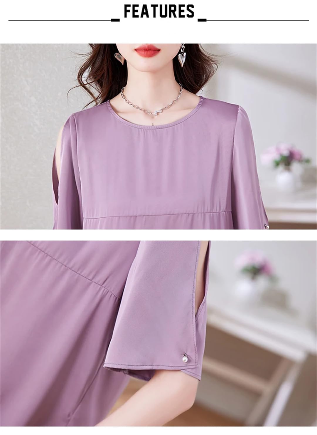 Chemisier d'été en satin pour femme - Manches courtes - Col rond - Couleur unie