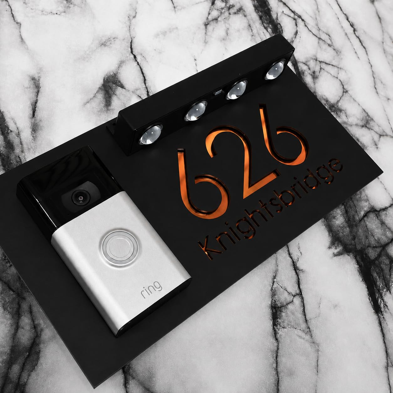 K Smart Sign | Bellissima LED DOORBELL F31 | Personalised House Video Doorbell Solar LED Signs 3d Door Numbers Street Address Number Plaques | 300mm x 160mm (Matt Black & Copper Mirror)
