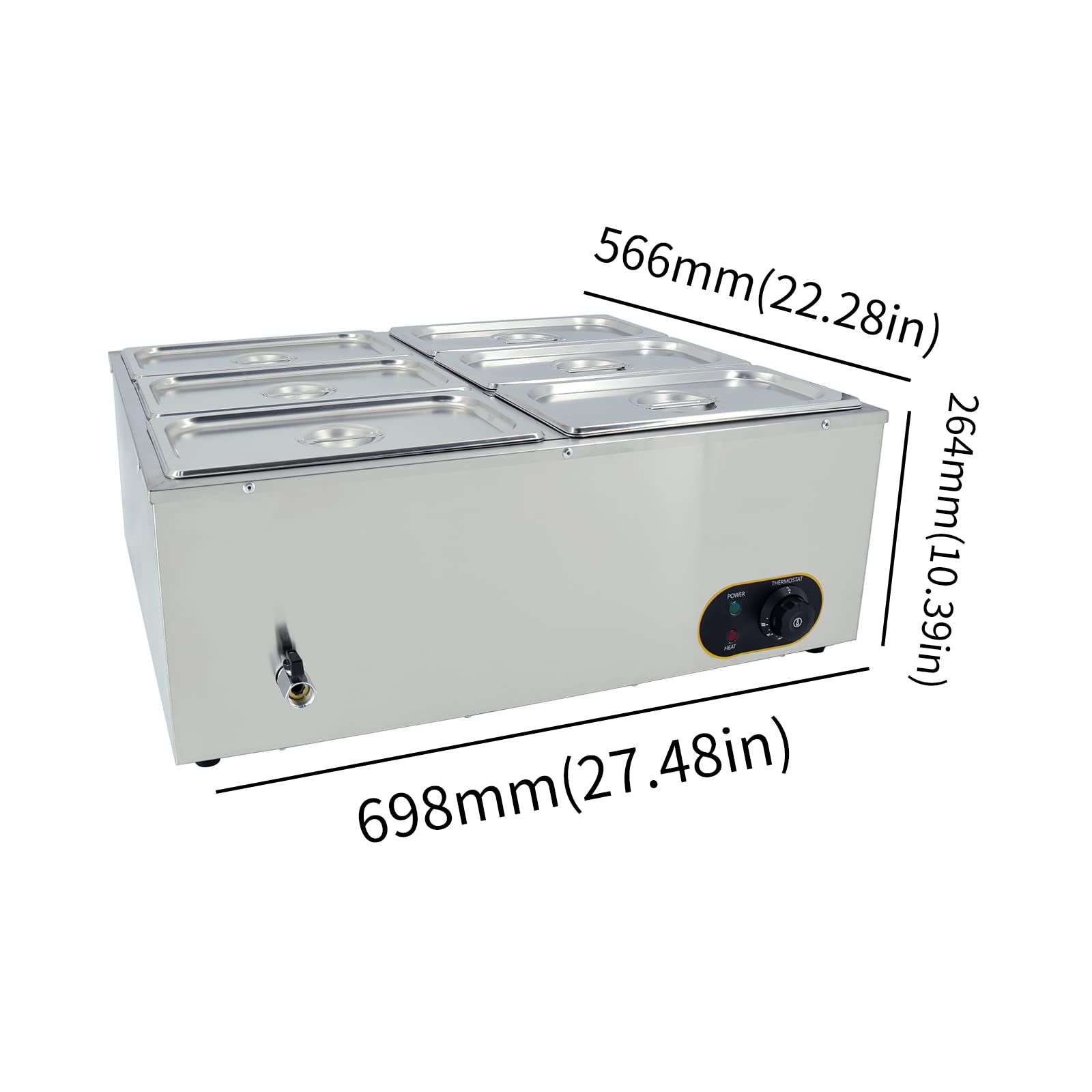 Scaldavivande elettrico commerciale, 1500 W, in acciaio inox, controllo della temperatura, include coperchi e rubinetto di scarico, 4 contenitori GN 1/2