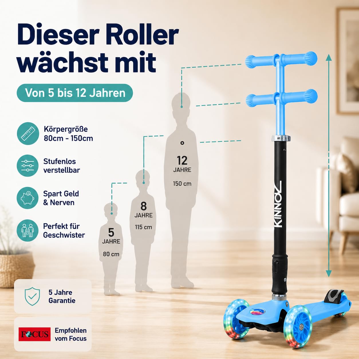 Kinderroller 5-12 Jahre kinnaz Two, Kinder Roller, Roller für Kinder ab 5 Jahre, faltbar, stufenlos Höhe einstellbar, LED Räder, Scooter, 6 7 8 9 Jahre, Schulkind, bekannt aus Focus, aus Hamburg