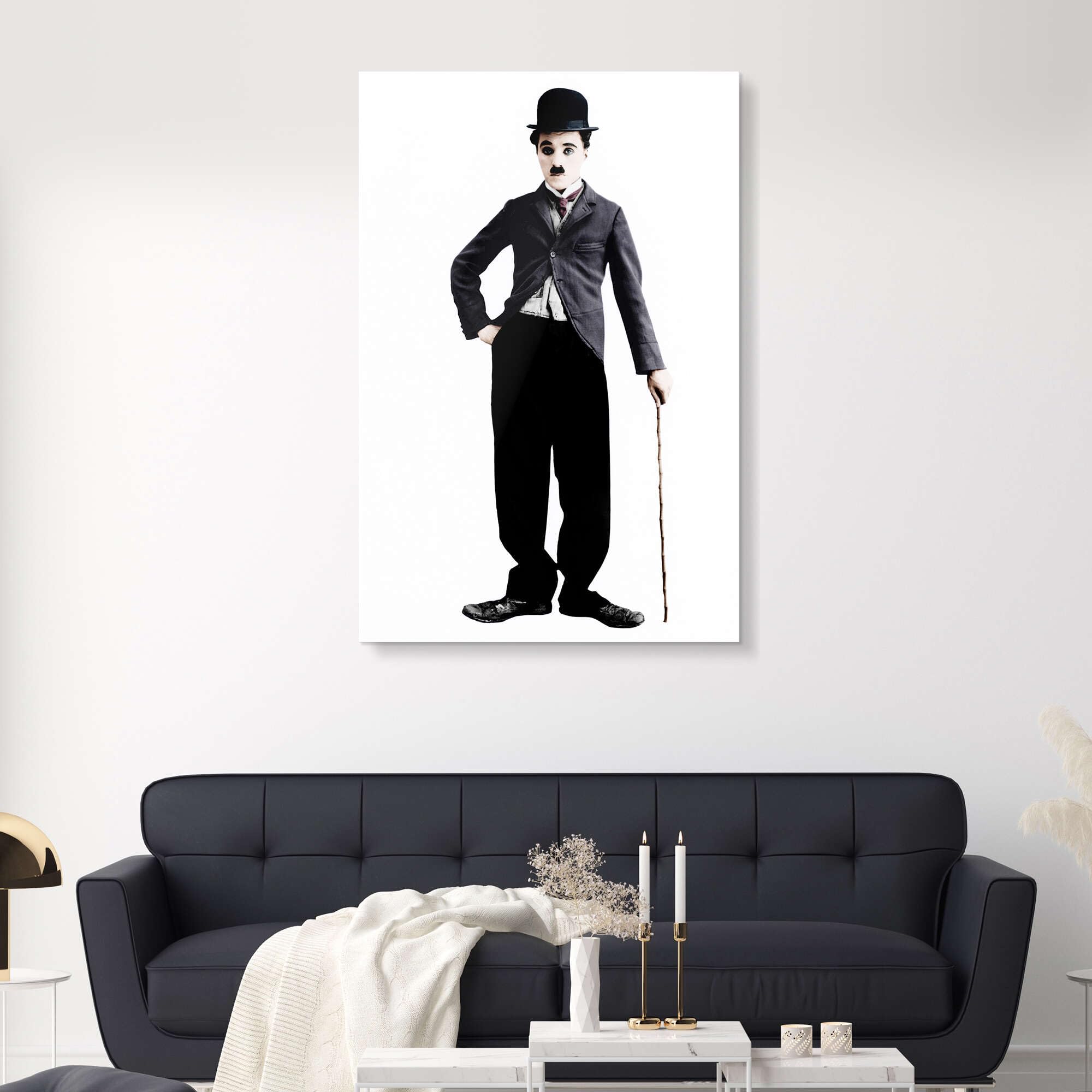 Posterlounge Charlie Chaplin mit Bambusstock Acrylglasbild | 40 x 60 cm Schwarz-Weiß Wandbilder Wanddeko