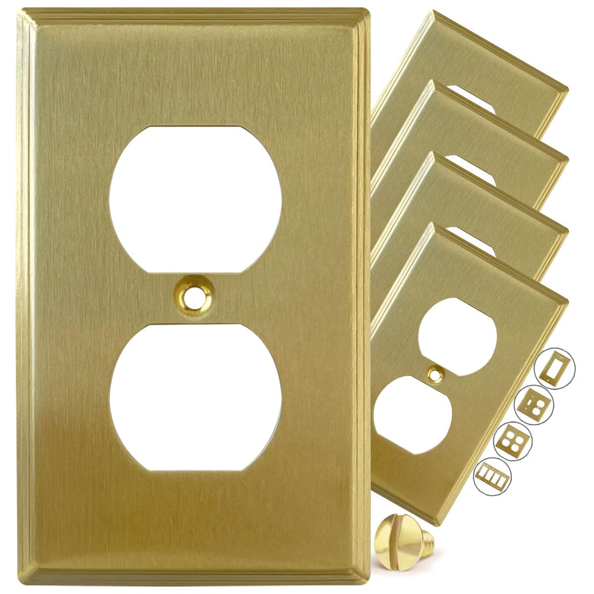 Rio Salto BRASS Metal Gold Outlet Cover MIDSIZE Duplex 1-Gang Light Switch Cover Wall Plate Art Deco Duplex Receptacle Wallplate Covers Single Gang Brushed Brass Modern Linear 1 Gang 5-Pack