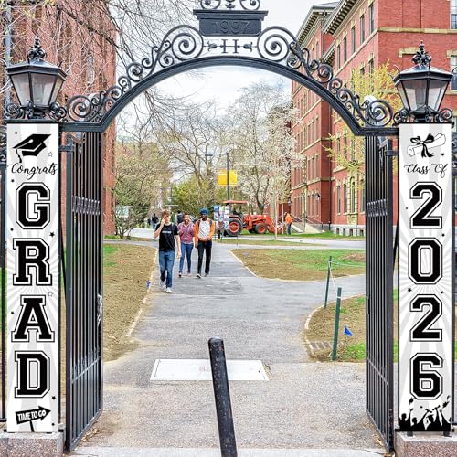 Image of Graduation Banner 2026 Graduation Decorations Black and White Grad Banner Porch Sign Class of 2026 Door Decor Congrats Hanging Backdrop Black White Grad Party Decor for School Congratulations Supplies