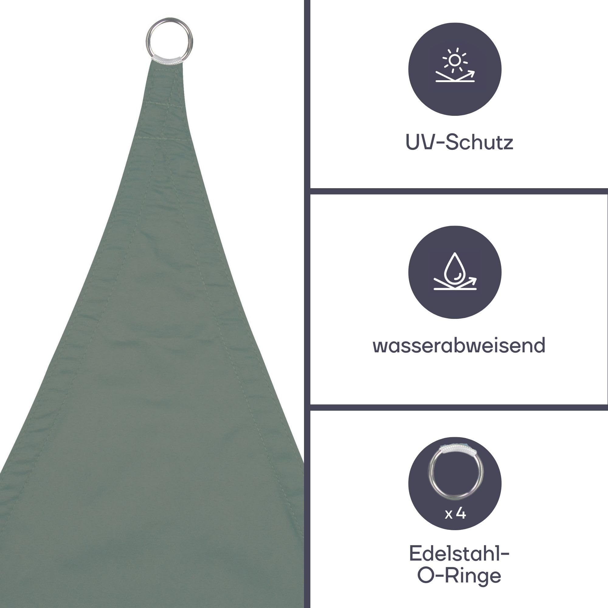 Perel Sonnensegel 3.6 x 3.6 m, quadratisch für Garten und Terrasse, wasserabweisend, UV-Schutz 90%, atmungsaktiv, grüngrau