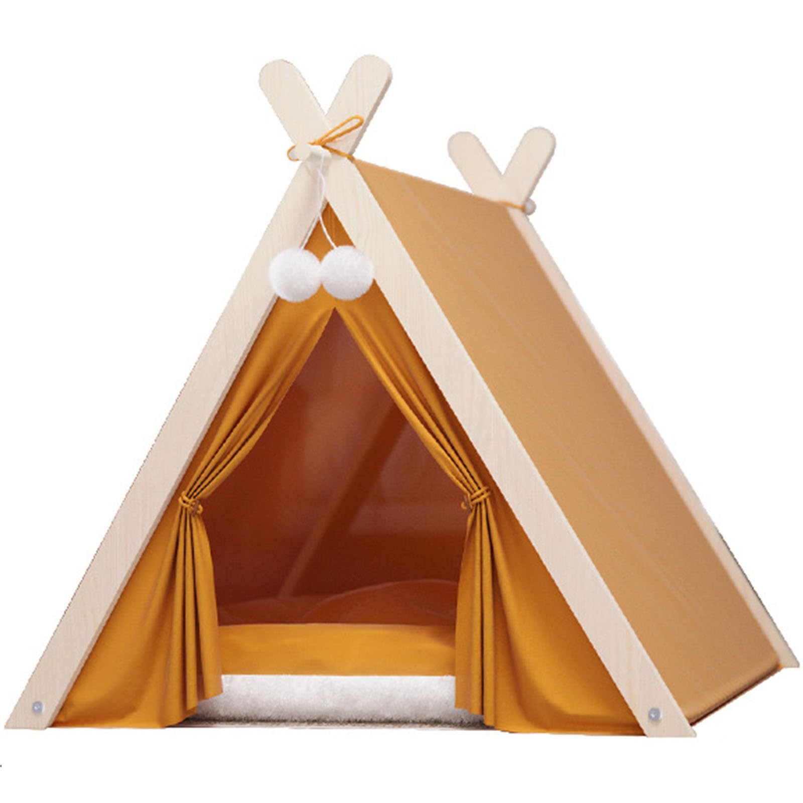 Pet Teepee Tent for Dogs and Cats - 24 Inch Indoor Dog House Bed With Cushion - Portable Orange Teepee With Flat Dog Bed Mat