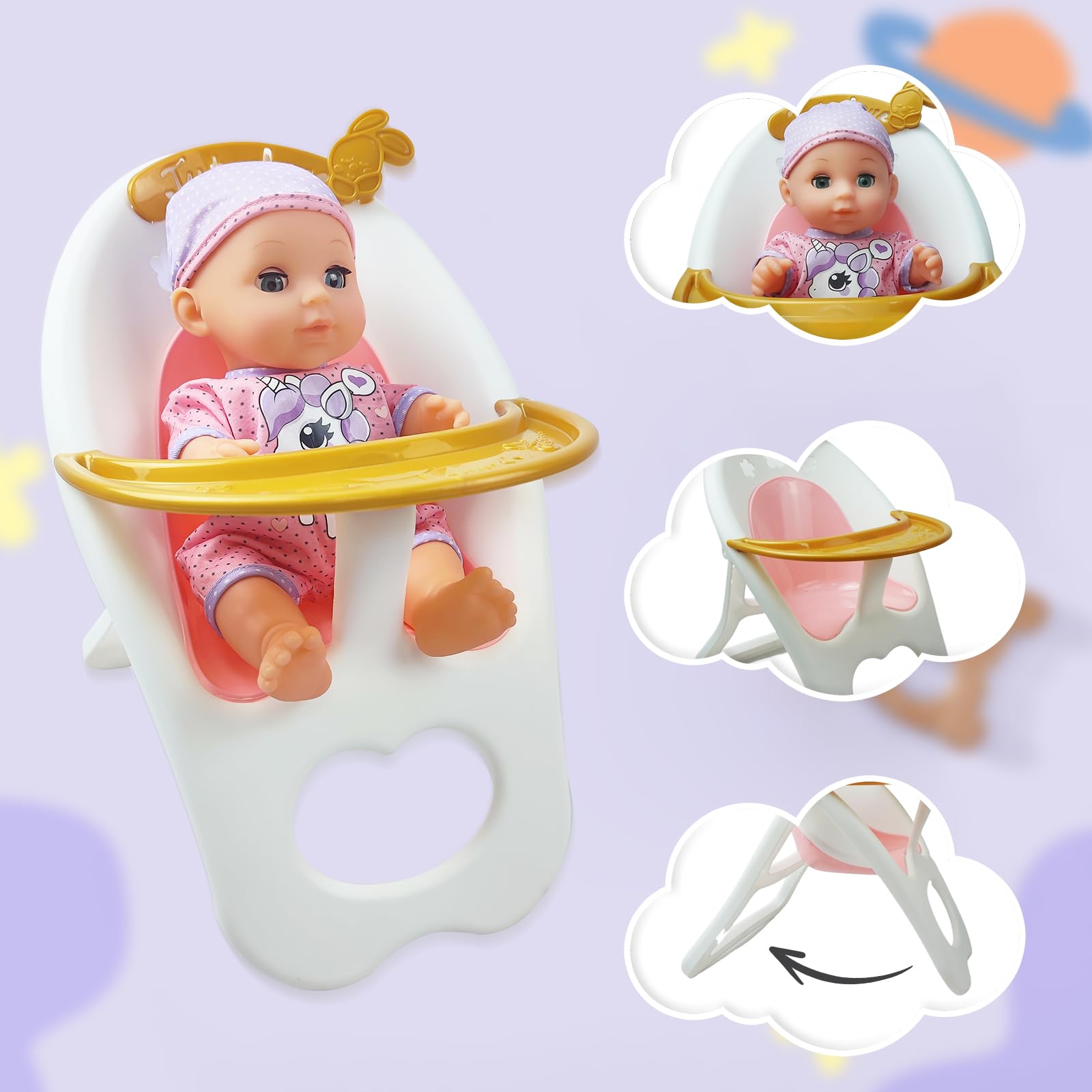 RedCrab Bambola con Accessori, 18 Pezzi Set Bambole per Bambina con Seggiolone, Vestiti, Biberon, Tettarella, Vasino e Pannolini, Giocattolo Regalo per Bambina 2 3 4 5 6 Anni