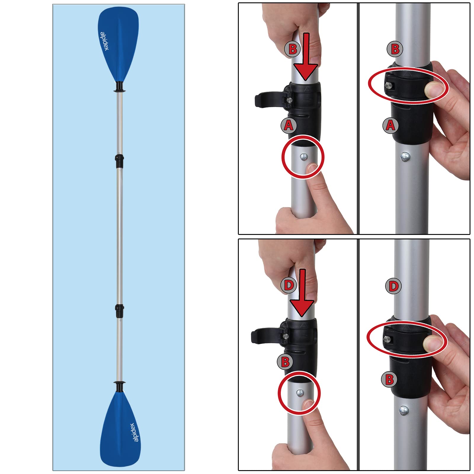 ALPIDEX 2 in 1 Paddel SUP Kajak Verstellbar Leicht Doppelpaddel Teleskoppaddel 160-207cm Aluminium Stechpaddel Stand Up Paddle Board Kajakfahren