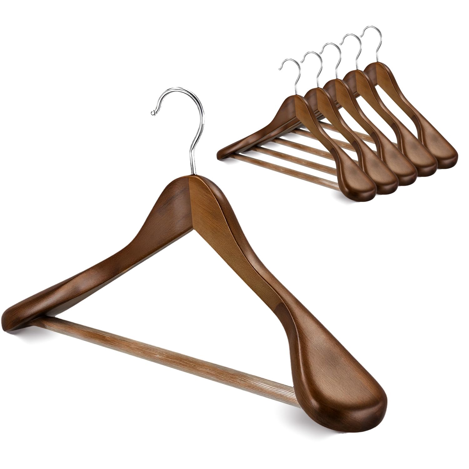 Wide Shoulder Wooden Hangers Pack with Non Slip Pants Bar Smooth Finish Solid Wood Suit Hanger Coat Hanger (Vintage, Wide Shoulder Wooden Hangers-6 Pack)