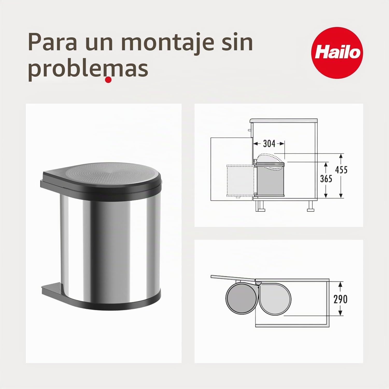 Hailo Mono Papelera de Cocina, Acero Inoxidable Pulido, Negro, Talla única