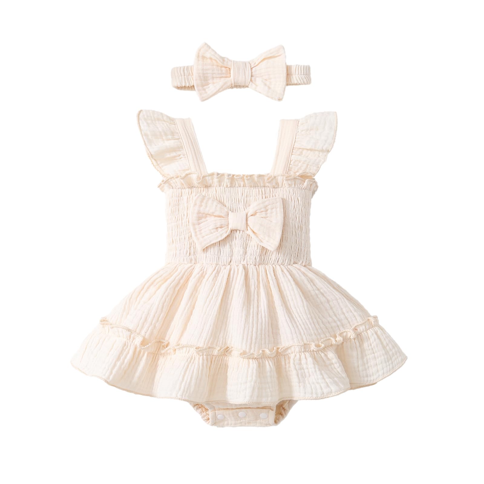Baby Girl Summer Romper Dress Cotton Sleeveless Smocked Rompers Sun Dress Jumpsuit with Bow Headband