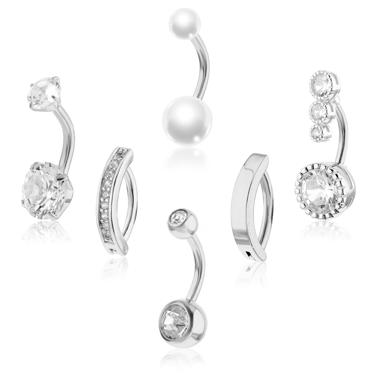 Yolev 6 Piezas Piercing Ombligo Acero Quirurgico Plata con Tira Perforada Varios Tamaños Perla Redonda de Mampostería Anillo de Ombligo de Acero Quirúrgico Personalizado Moderno y Cómodo