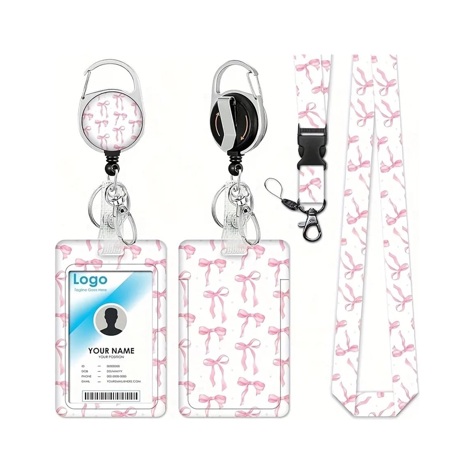 Lot de 10 porte-badges avec rouleau extensible, joli nœud rose et cordon amovible, fournitures de bureau pour étudiants, cartes bancaires (combinaison nœud rose)
