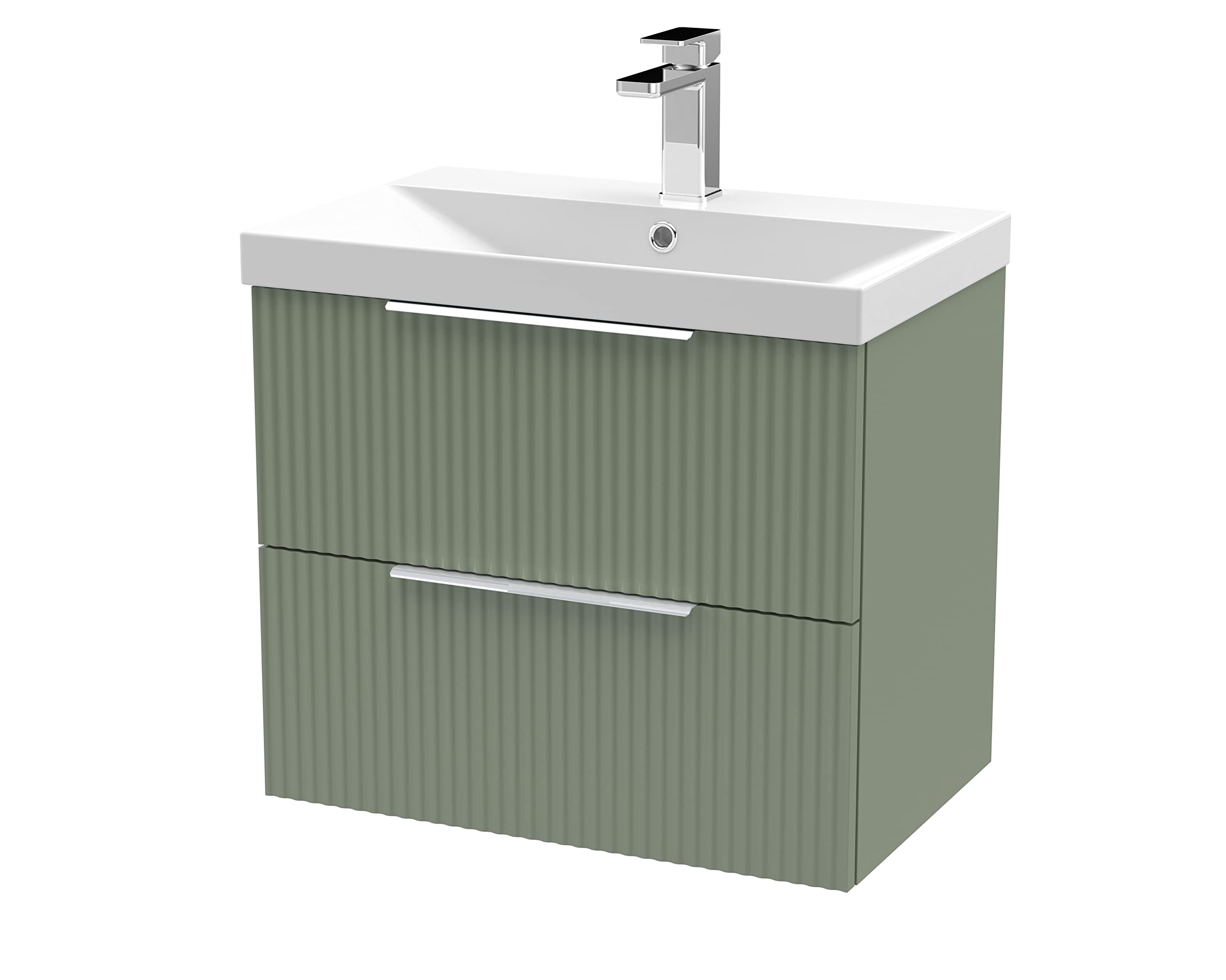 Hudson ReedDFF893D Fluted Modern Bathroom Wall Hung 2 Drawer Vanity Basin Unit with Thin-Edge Ceramic Basin, 600mm, Satin Green