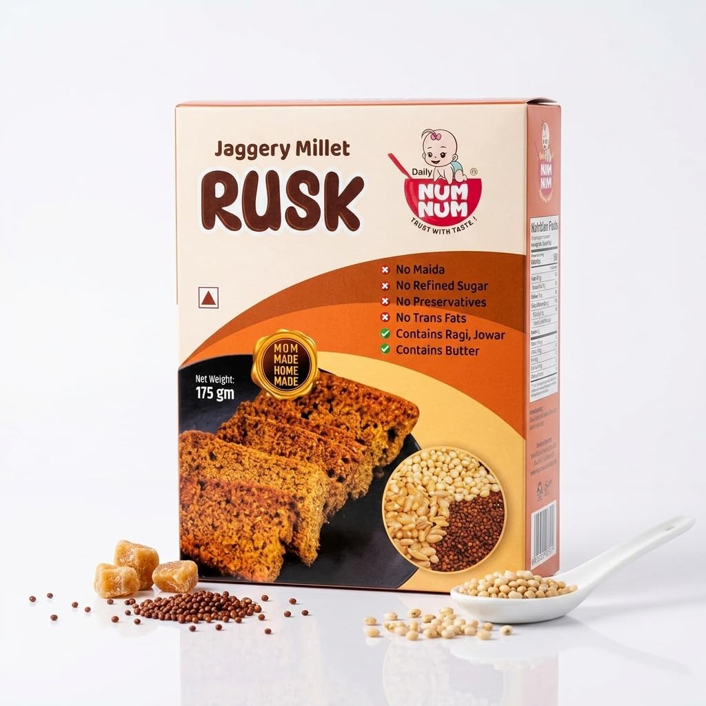 Daily NUM NUM - Mulitgrain Millet Rusks | Refined Sugar Free | No Maida Toast| Rusks for Kids | Millet Toast Biscuits Rusk 175g-image-15