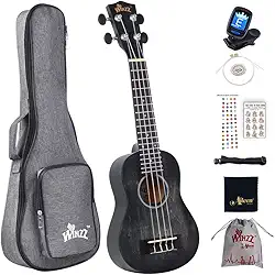 Winzz Kit para iniciantes Ukulele Soprano para crianças e adultos, 53 cm com 8 acessórios, design de cor exclusivo – preto