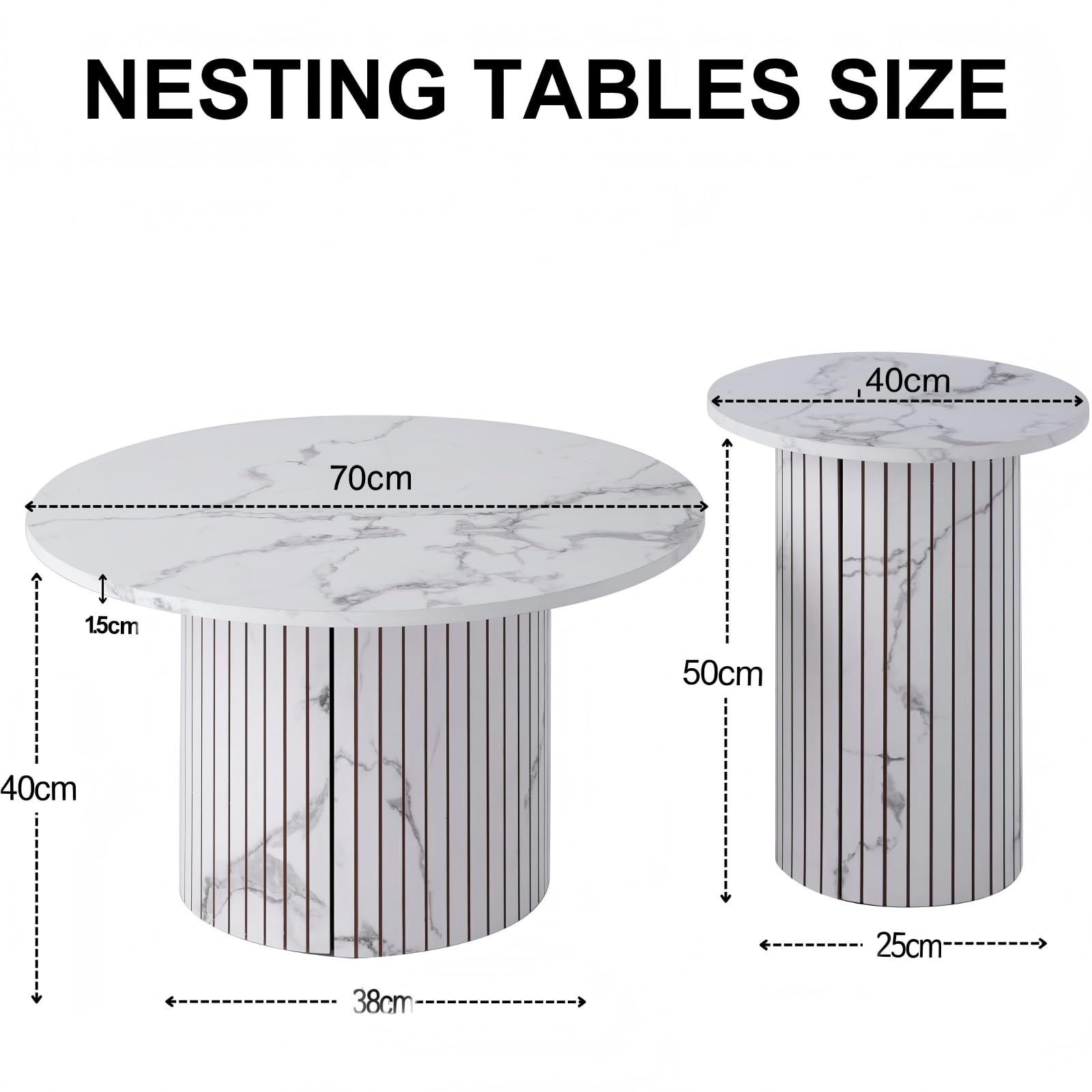 Ensemble de 2 Tables Basses Rondes Gigognes, Table Basse Moderne à Tambour Cannelé pour Salon, Chambre, Balcon et Bureau (Blanc (Grain de marbre))