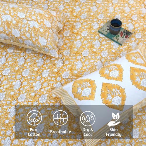 Image of TOAI Hand Block Printed Bedsheet | Bed Spread Flatsheet Bed Sheet | Pure Cotton | King Size 108 inchx108 inch |210 TC Long Luxury Cotton | 2 Reversible Pillow Covers |Mustard Yellow Klamkari