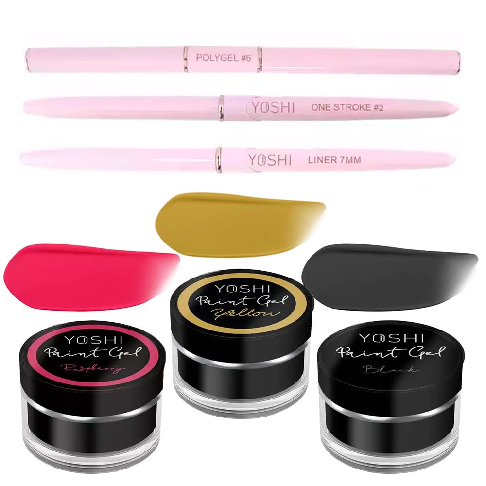 Yoshi - Set per nail art, colore nero, lampone e giallo 5G e pennello professionale, perfetto per nail art creativo