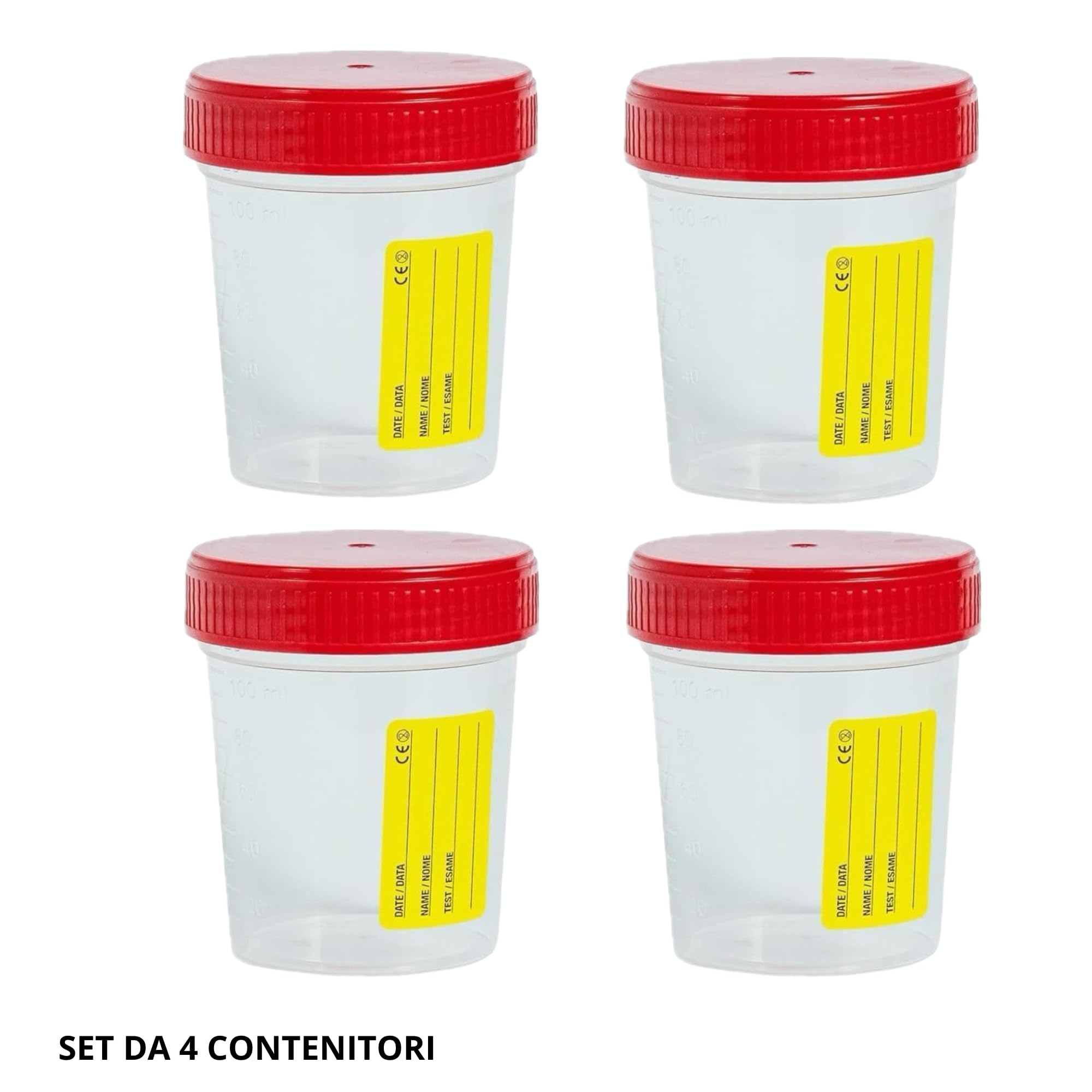 Topolenashop 4 Contenitori Urine Sterili 120 ml con Tappo a Vite ed Etichetta – Vasetti Monouso per Analisi Urine, Urinocoltura ed Esami di Laboratorio, Made in Italy