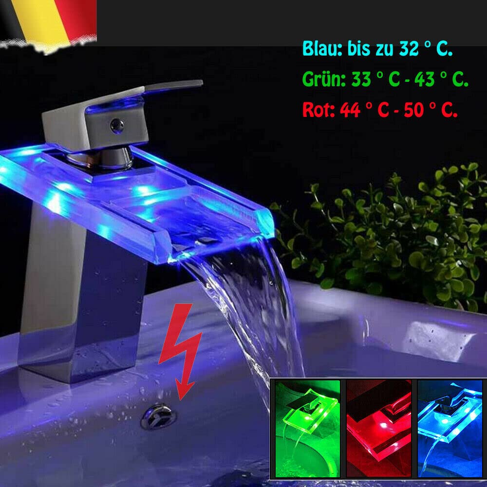 Robinet LED en verre lumineux Cascade Robinet RVB Robinet d'évier Robinet de lavabo Mitigeur de salle de bain en verre éclairé Salle de bain 3 changements de couleur