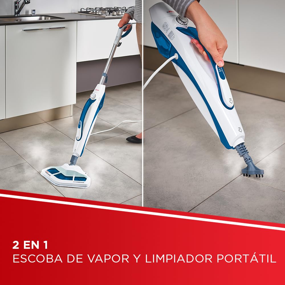 Polti Vaporetto SV460 Doble,Escoba a Vapor 2 en 1 con Limpiador Portátil, Potencia Máxima 1500 W, 17 Accesorios Incluidos, Calentamiento en 15 Segundos, Depósito Extraíble, Blanco y Azul