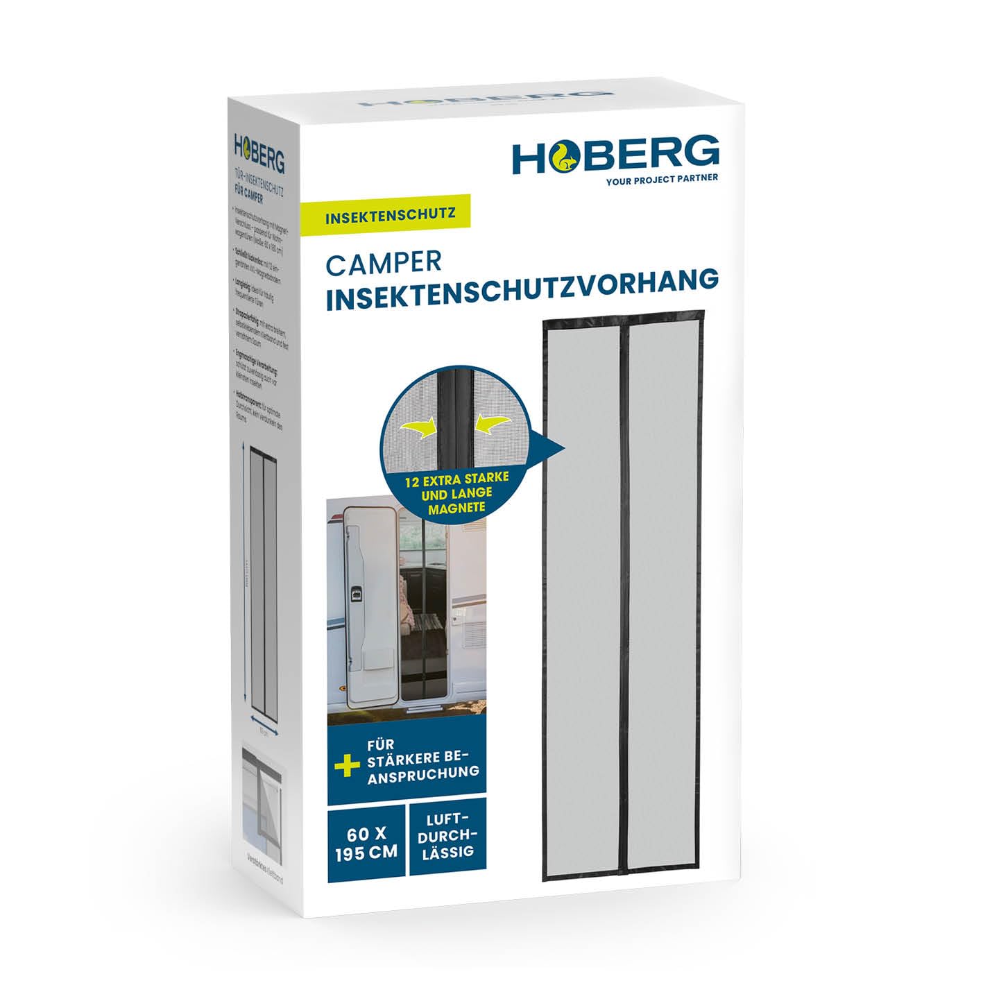 Hoberg Insect Screen Curtain for Camper Van 60 x 195 cm Fly Screen Door with XXL Magnetic Tapes Insect Protection Door for Caravans Magnetic Mosquito Net Self-Closing
