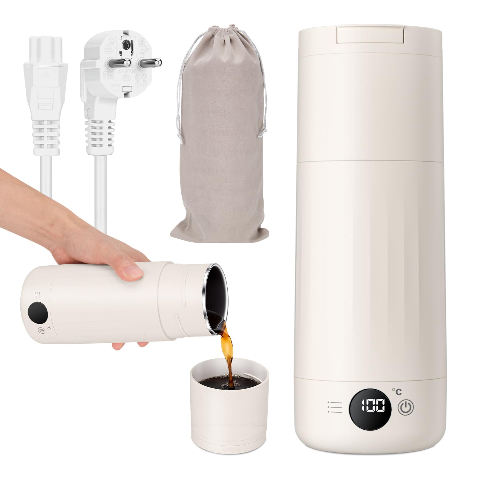 PAHTTO Bouilloire électrique de voyage 600 ml, bouilloire portable en acier inoxydable, ébullition rapide et réglage de la température, petite bouteille thermos pour la préparation de café, thé