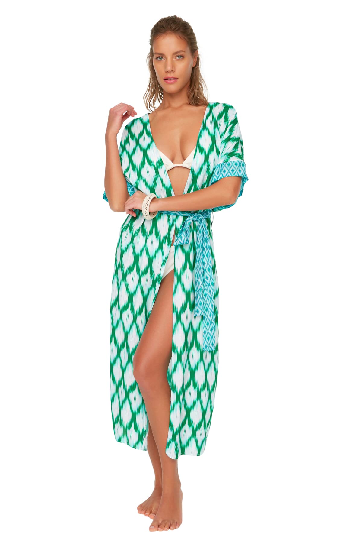 Trendyol Damen & Ethnische Mustermischung Viscon Kimono Kaftan, Grün, XL EU