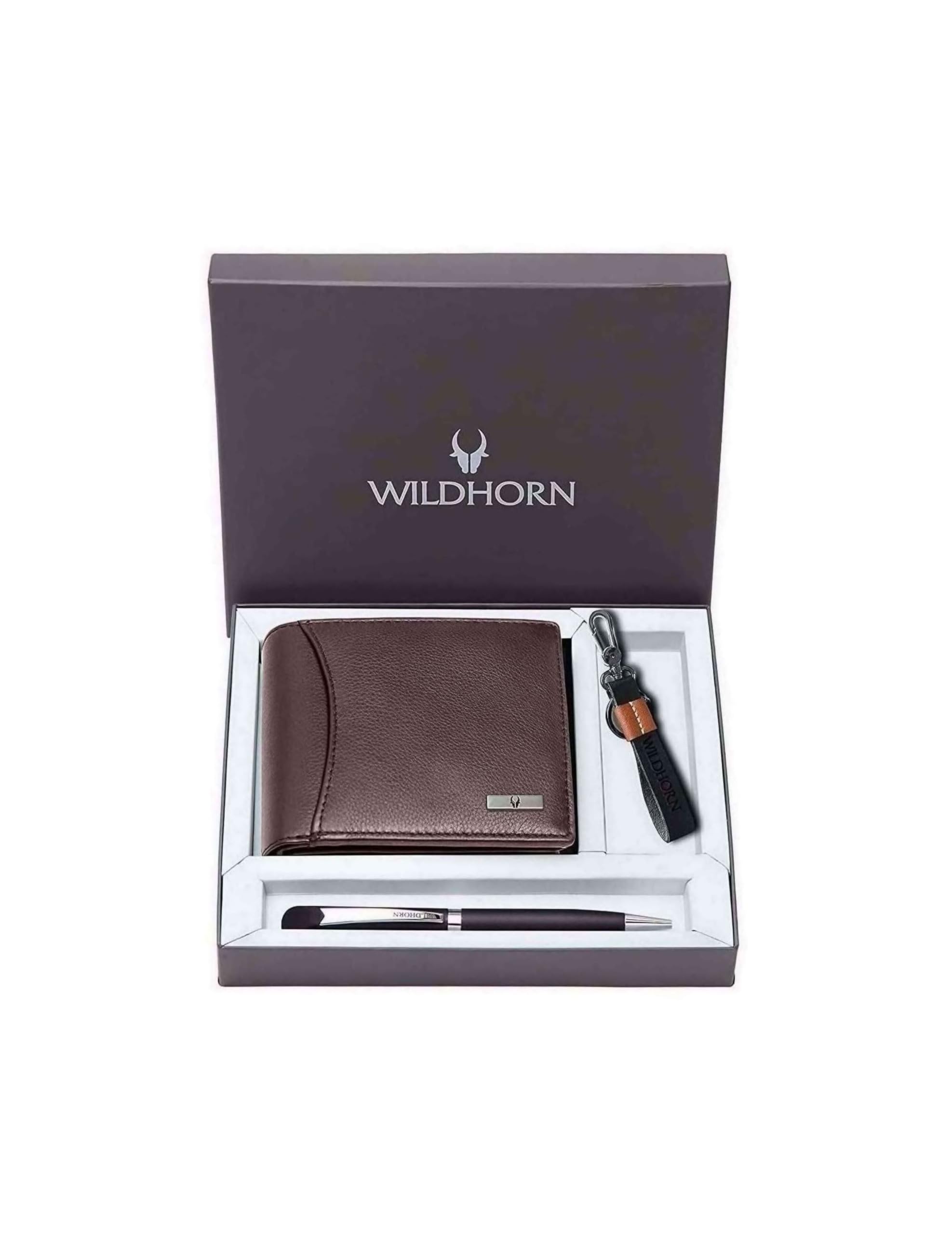 WildHorn Gift Hamper for Men I RFID Protected Leather Wallet, Keychain & Pen Combo Gift Set I Gift for Friend, Boyfriend,Husband,Father, Son etc (Brown M)