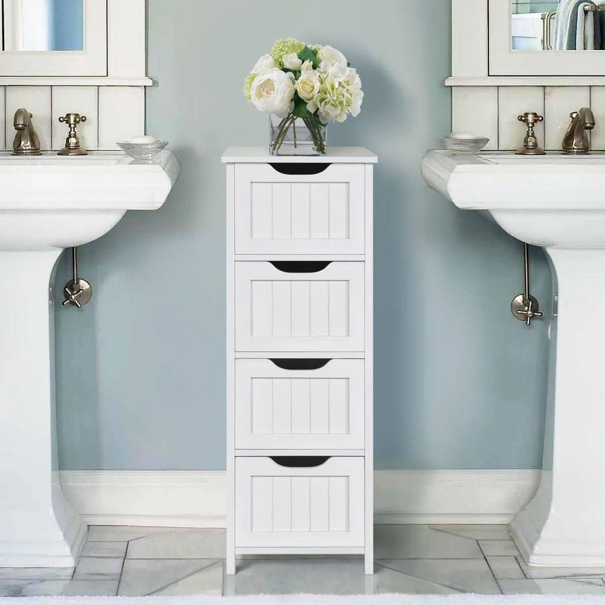 4 Drawers Bathroom Floor Cabinet Storage Organizer White Free Standing Cabinet, Large