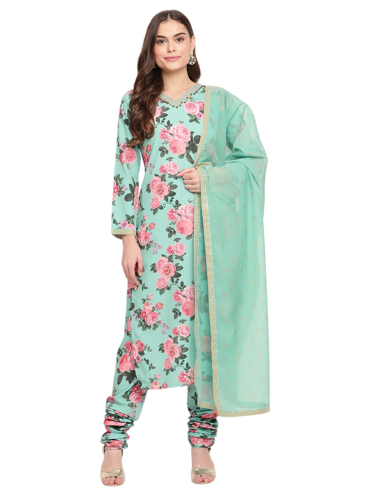 AhalyaaWomen Green Floral Printed Regular Kurta Churidar Set & with Dupatta (AHKUDUCD-COMBO-355-FF)