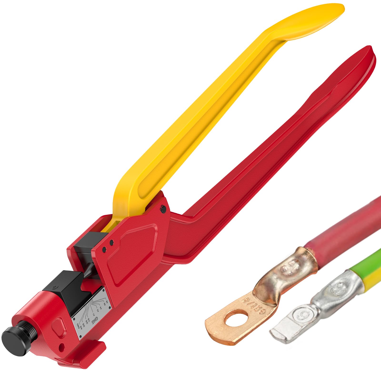 Gkg Red Battery Terminal Crimper Tool For Cable Lug & Anderson Pp/Sb Connector, Professional Wire Crimping Tool With Dual Awg Din Scale 8 Awg - 0000 Awg(4/0) Dieless Indent Battery Cable Crimper