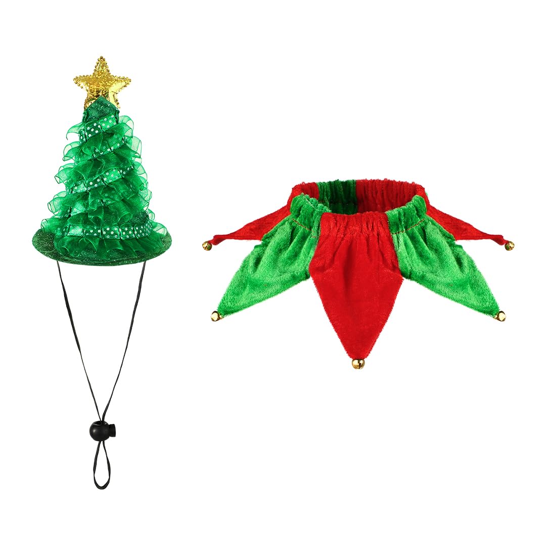 2pcs Elf Headband Christmas Tree Hat and Bell Scarf Set,Cute Christmas Santa Hat Hairband Pointed HairHoop Fancy Dress Reindeer Costume Hair Hoop Xmas Novelty Hair Accessories Decor Party Headwear