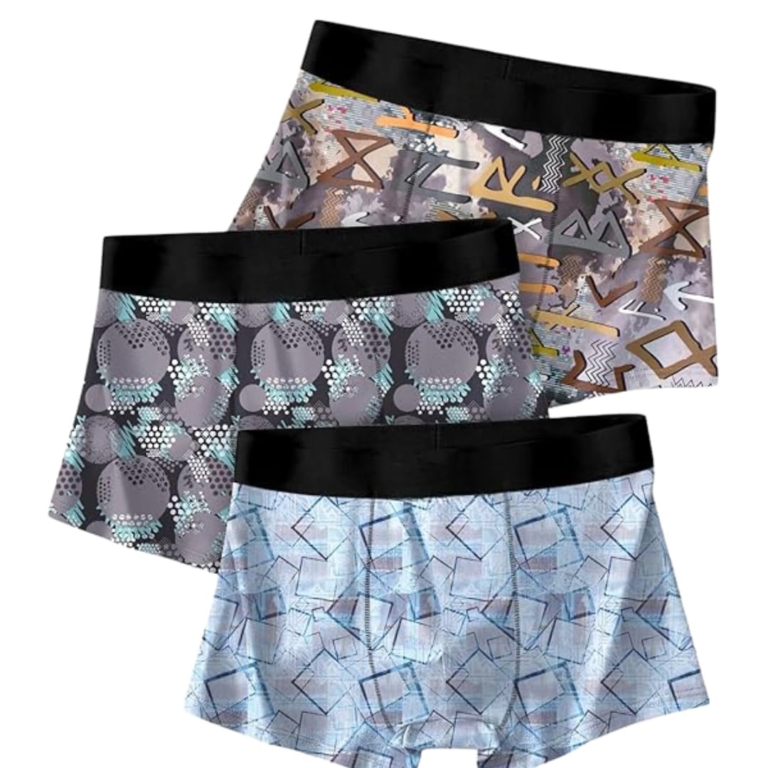 Men’s Printed Boxer Briefs Trunks | Soft Stretch Breathable Fabric | Moisture-Wicking Underwear | Comfort Elastic Waistband | Multicolor Pack of 3