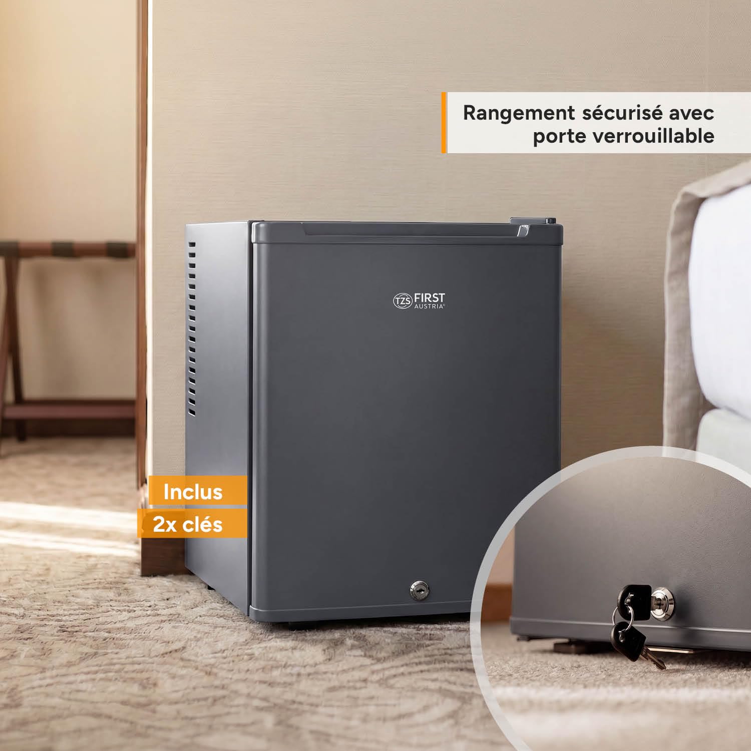 TZS First Austria - Mini réfrigérateur 30L complètement silencieux - Petit mini-frigo avec porte réversible et lumière intérieure - Minibar pour camping, bureau, chambre & hôtel - Anthracite