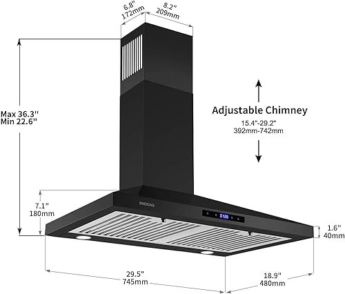 Miniatura 6 de SNDOAS Campana extractora negra de 30 pulgadas, campana de cocina de acero inoxidable montada en la pared con controles táctiles, convertible con