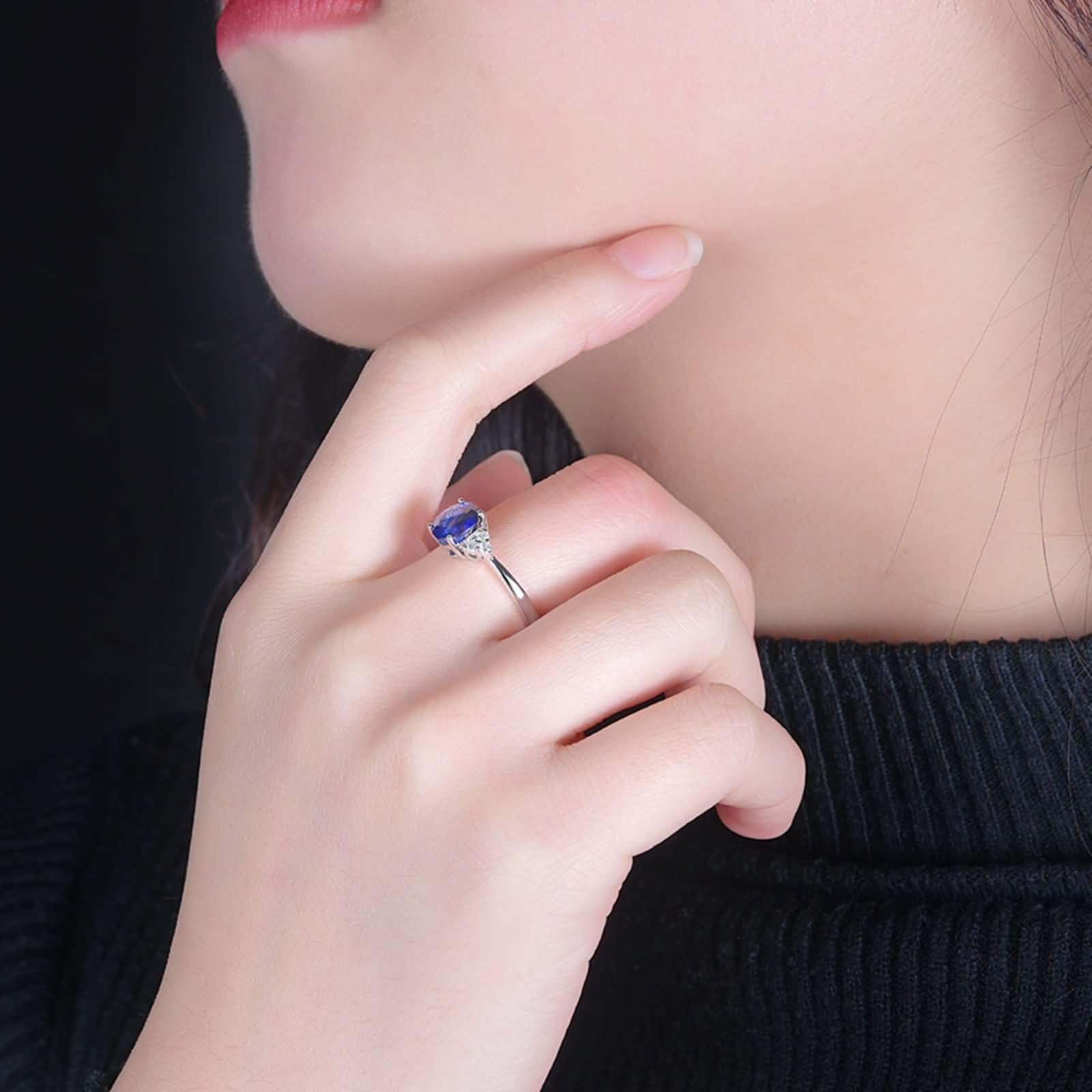 Anillos Mujer Matrimonio Oro Blanco 9 Kilates / 14 Kilates / 18 Kilates, 4 Garras Oval con Zafiro de 0,41ct y Diamante, Anillo Plata Azul Compromiso Mujer