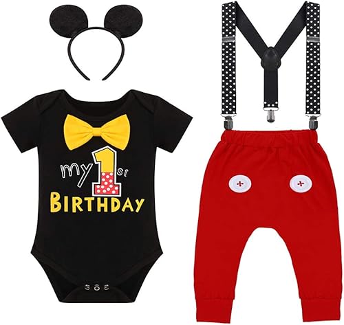 IDOPIP Baby Boys First Birthday Party Cake Smash Outfit Bowtie Romper Suspenders Pants Set with Mouse Ear Headband Costume