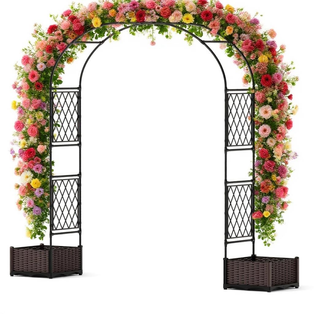 GarveeLife Rose Arch with Metal Frame & 2 Planters - Trellis, Archway, Garden Pergola, Standing Arch, 200 * 40 * 220 cm