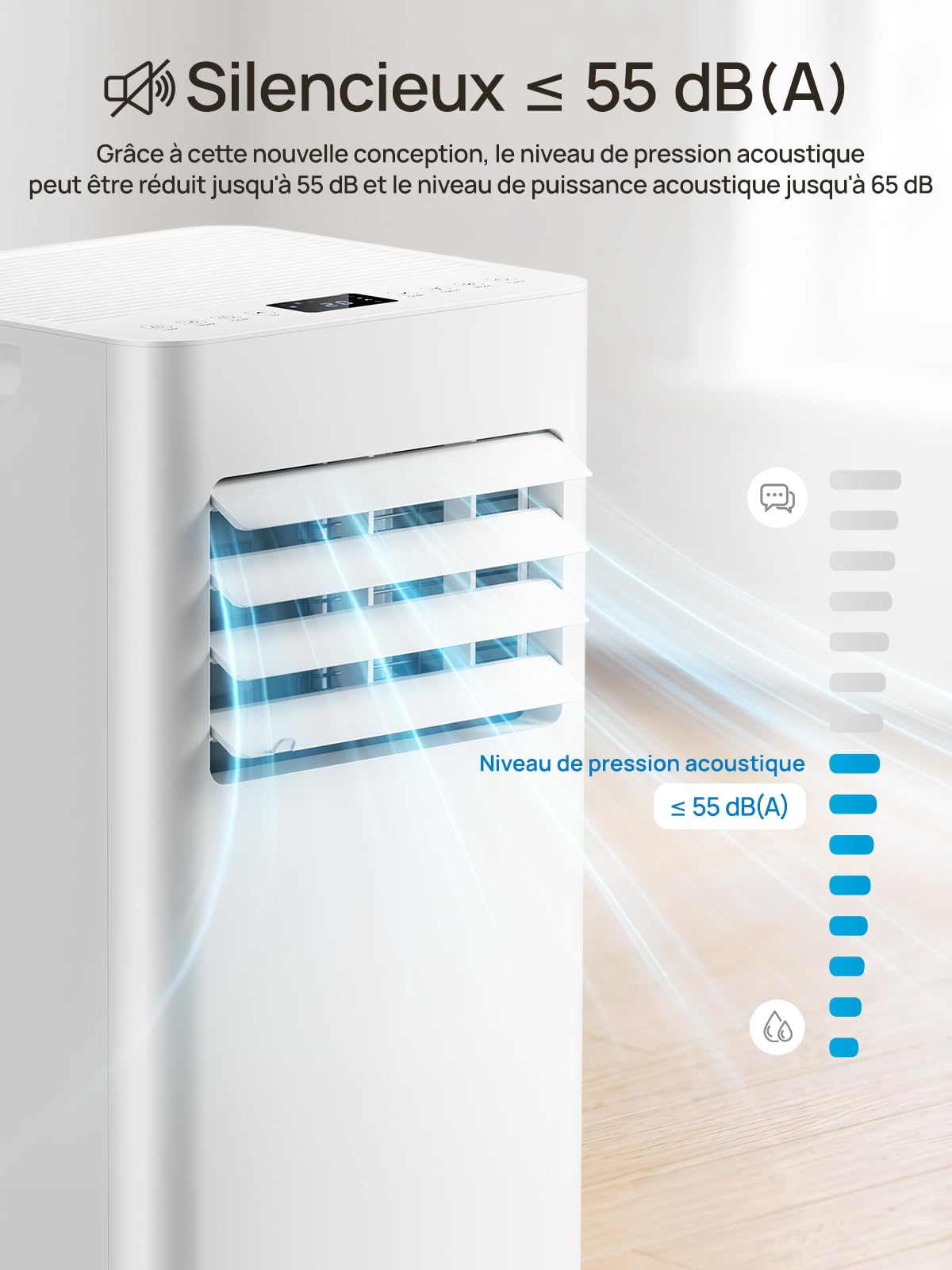 Climatiseur mobile 9000 BTU, 4 en 1 (refroidissement/déshumidification/ventilateur/mode veille), télécommande, écran LED, minuterie 24h et sécurité enfant – Idéal pour la maison, le bureau, le camping