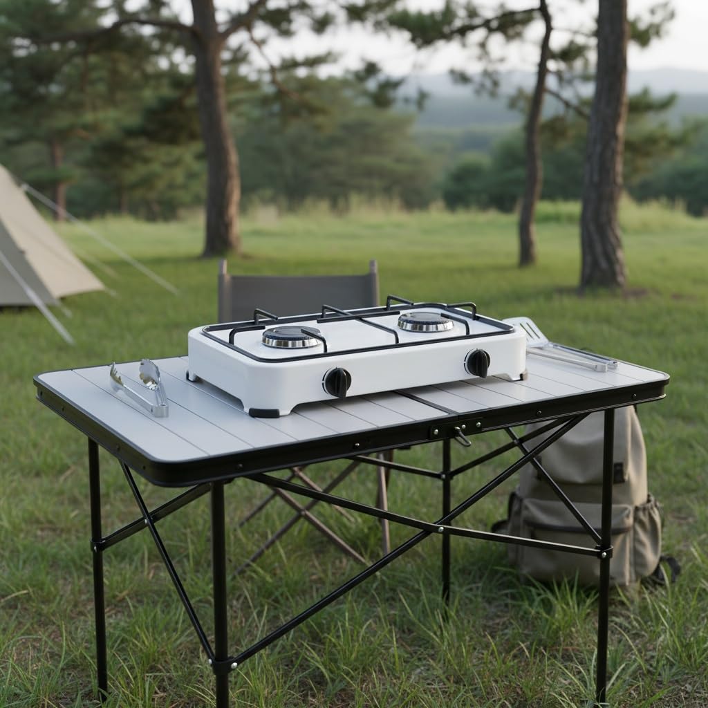 Cocina Hornillo de gas portatil para camping y exterior con 2 quemadores, placa de gas, manguera de presión para butano incluido.