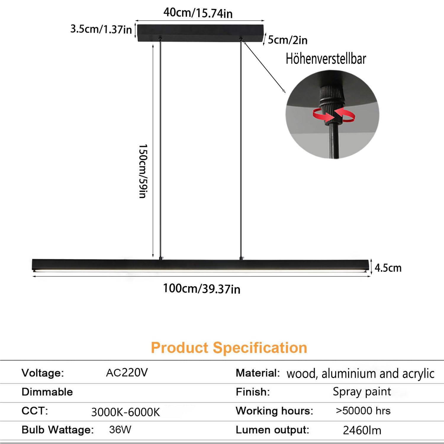 Moderna Lampada a sospensione LED Dimmerabile, lampadario cucina in legno con Telecomando 36W lampadario Lineare Regolabile in altezza, nero per sala da pranzo Ufficio, L100CM