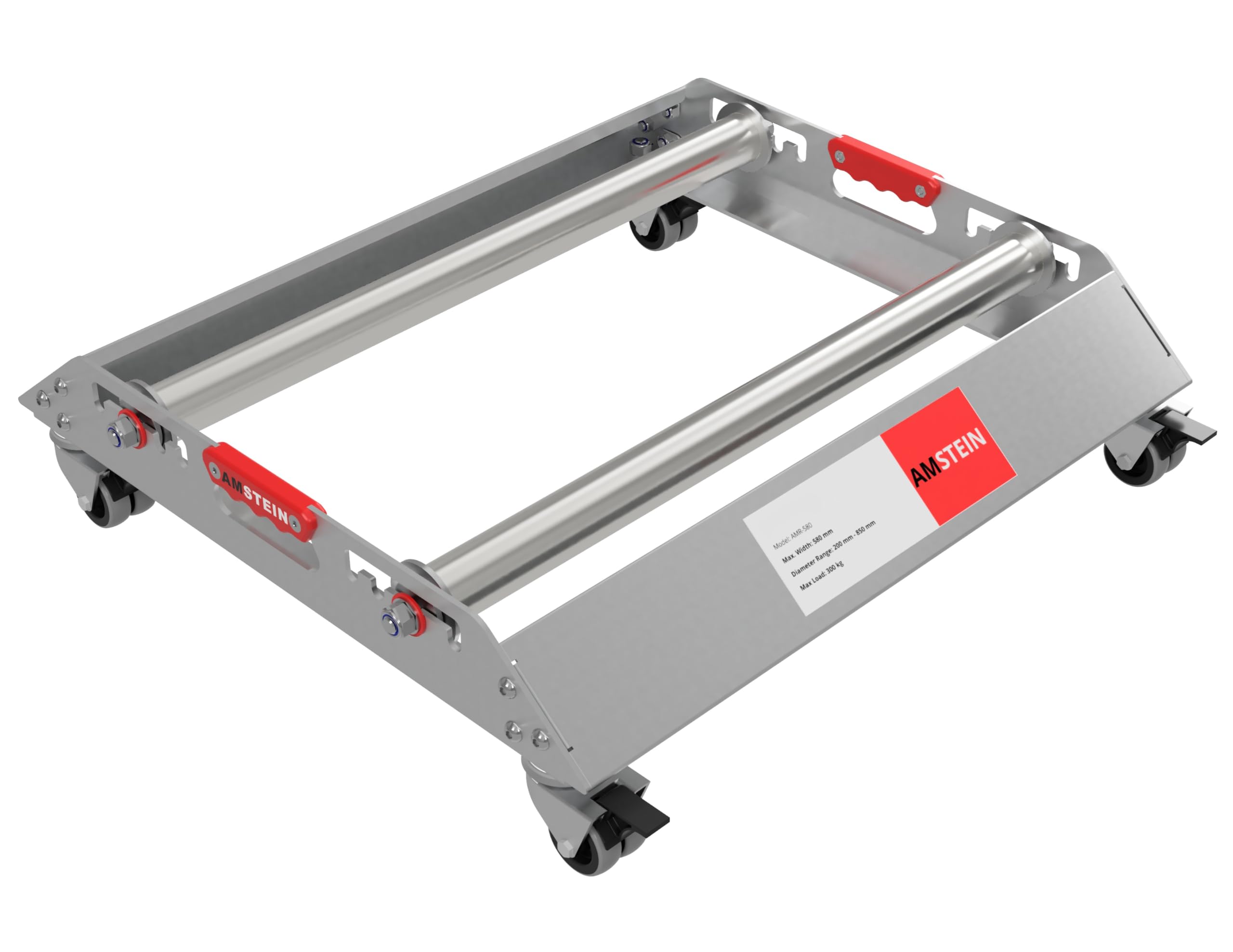 Profi Kabelabwickler AMR-580 mit 4 gebremsten Lenkrollen für Kabeltrommeln 200-850mm, bis 300kg Tragkraft, 600kg im Tandem, max 580mm Breite, robuster Trommelabroller verzinkt