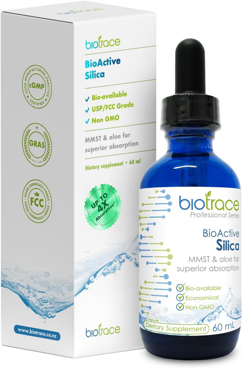 BioTrace BioActive Silica Drops | Liquid Mineral Concentrate for Healthy Hair, Skin, Nails and Collagen Production | Helps Manage Calcium, Joint and Bone Function | 2.02 Fl Oz (60mL)