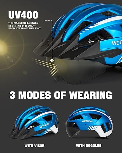 Miniatura 2 de VICTGOAL Casco de bicicleta para hombres y mujeres con luz LED, gafas magnéticas desmontables, visera solar extraíble, casco de bicicleta de montaña